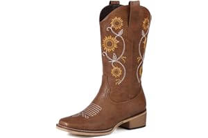 Bybmorto Cowboy Boots for Women - Mid Calf Western Sunflower Cowgirl Boots with Floral Embroidery, Square Toe Stitched Pull On Retro Design, Perfect for Country Idyll, Concerts and More