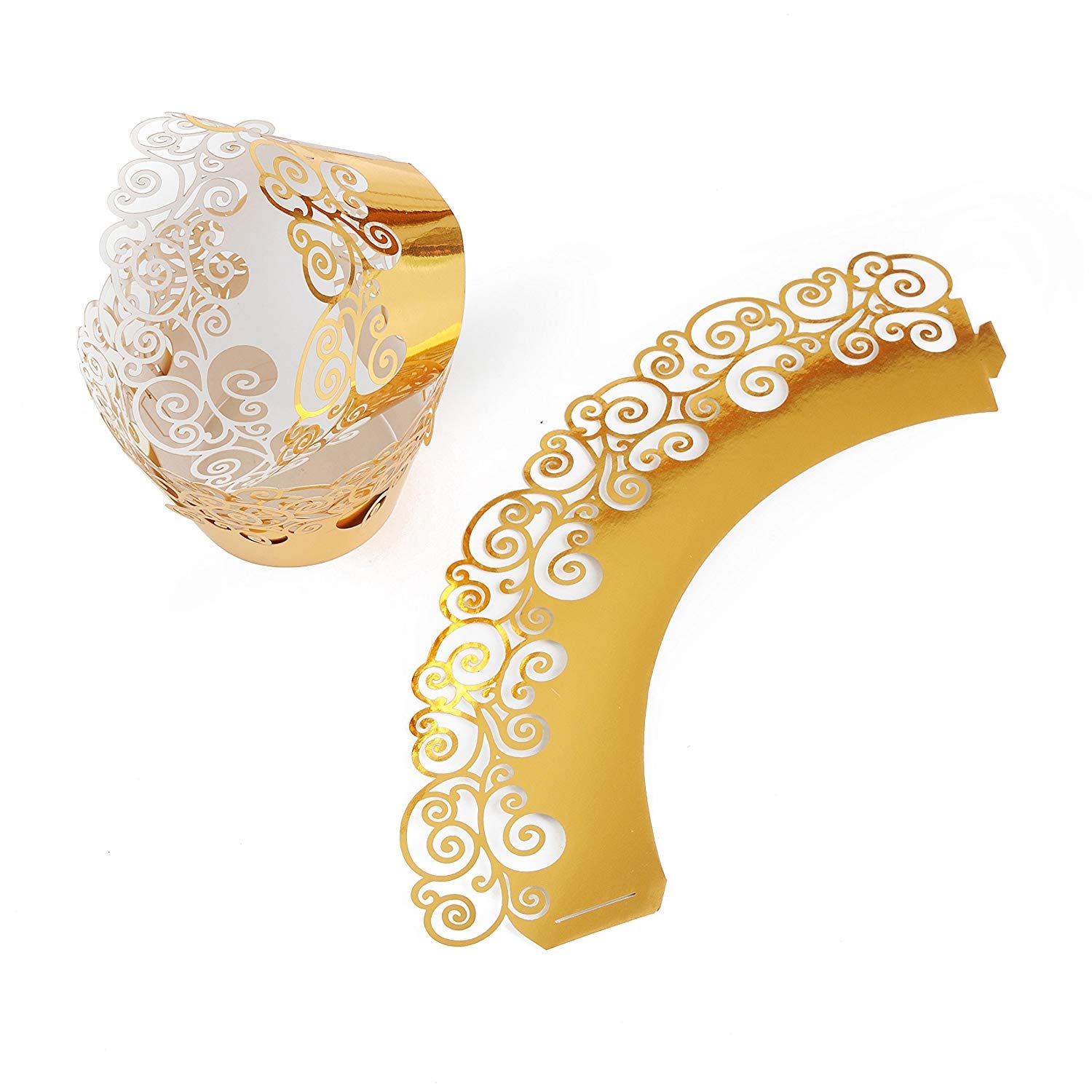 Filigree Artistic Cupcake Paper Cup Liner Vine Lace Laser Cupcake Wrappers for Wedding Party Birthday Decoration (Mirror Gold)