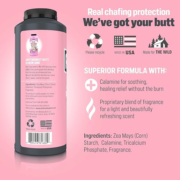 ANTI MONKEY BUTT BODY POWDER FOR WOMEN, TALC FREE ANTI CHAFING AND SWEAT ABSORBING FEMININE POWDER WITH CLAMINE TO FIGHT FRICTION AND SUPPORT SMOOTH SKIN, HYPOALLERGENIC FORMULA, 8 OZ