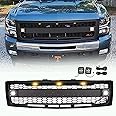 BNYIUEQR Front Grille Compatible with 2007 2008 2009 2010 2011 2012 2013 Chevy Silverado 1500, Replacement Grill Mesh Style with 3 LED Lights and 2 Side Lights (Matte Black with Letters)