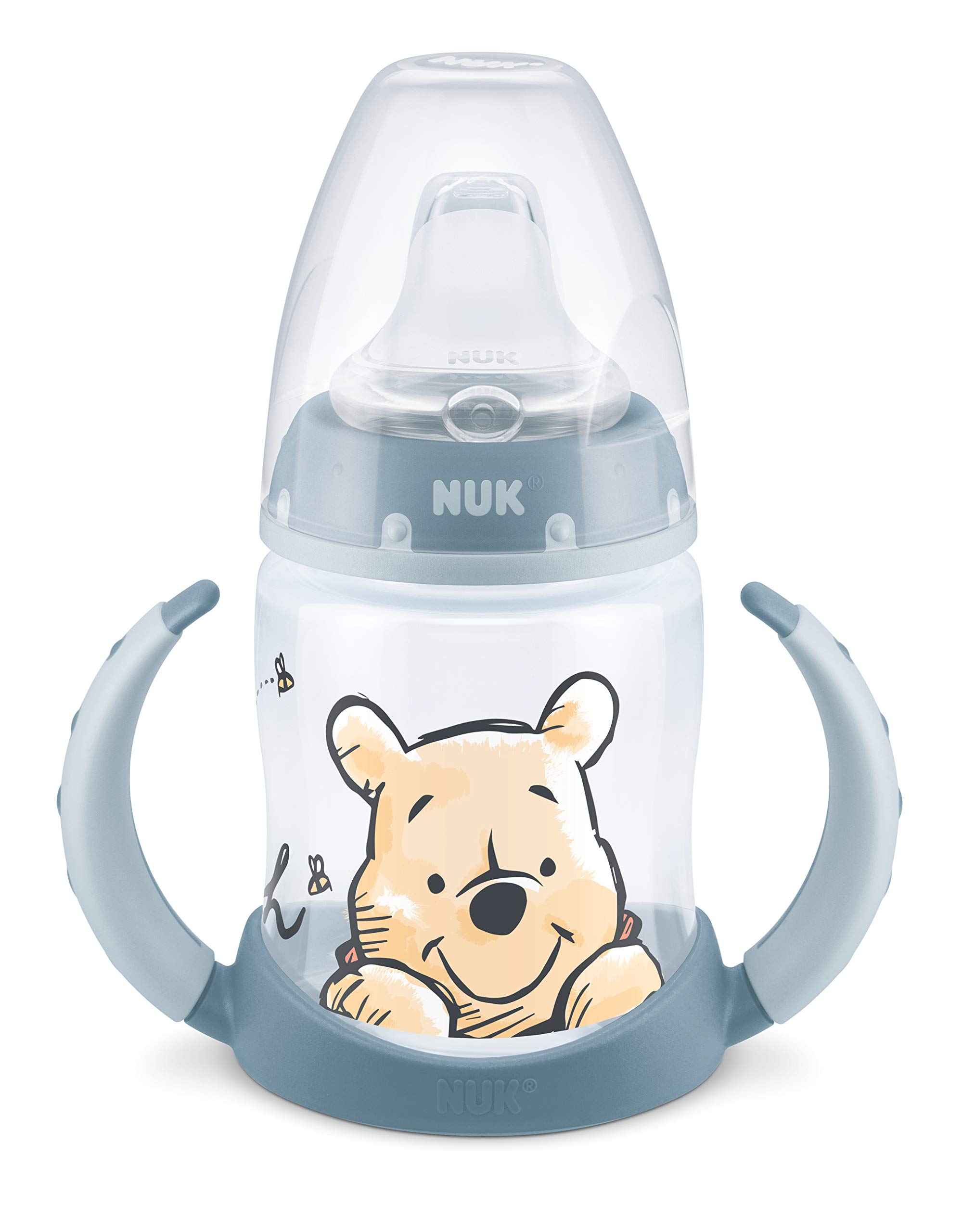 NUK First Choice+ Disney Winnie The Pooh Learning Bottle | 6-18 Months | Temperature Control Indicator | 150ml | Anti-Colic Valve | Leak-Proof Spout | Ergonomic Handles | BPA | Blue
