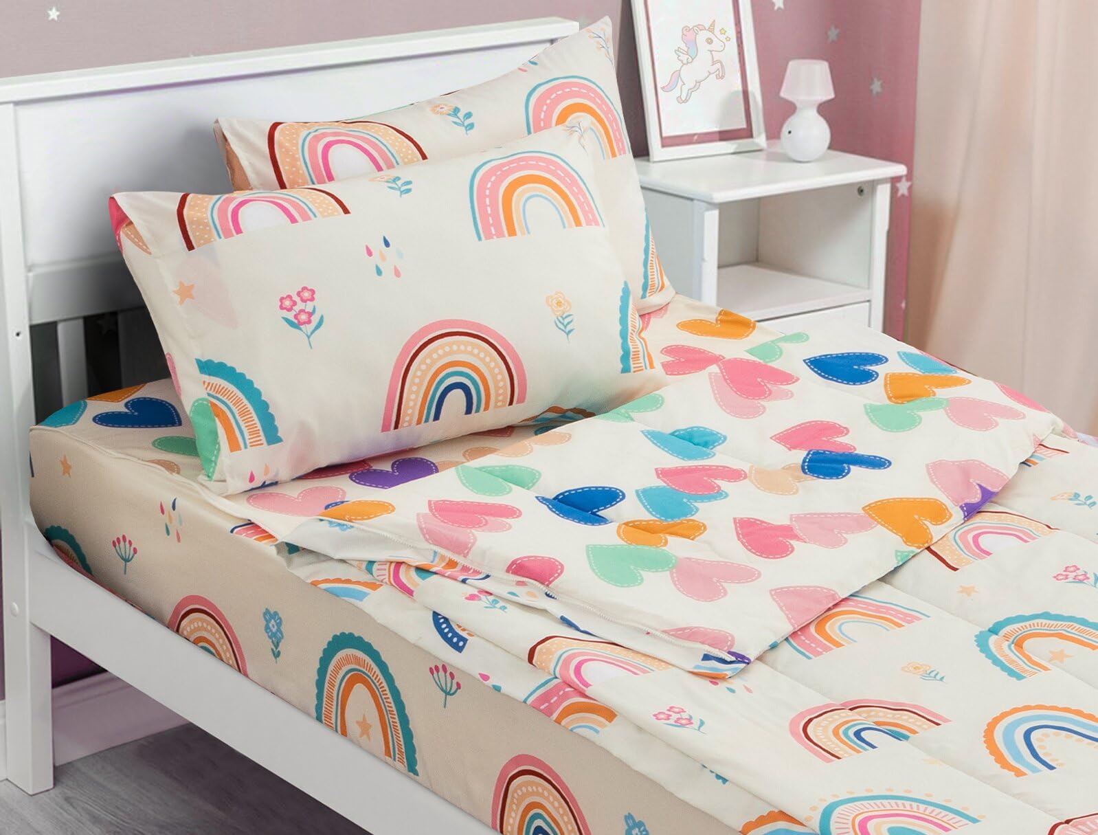 Photo 1 of Meeting Story 3pcs Kids Comforter Sets Zipper Bedding Set for Girls,Full Kid Bedding Set Rainbow Comforter Flower Bedding Set for Kid,All in one Zipper Bedding?Beige,Full?