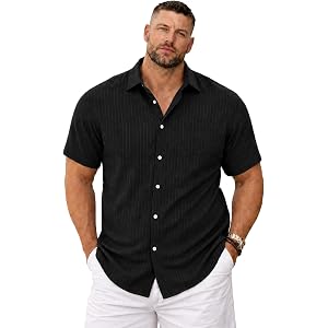 Weecreeture Men's Big and Tall Hawaiian Textured Stripe Button Up Shirt | Point collar, textured stripe; big & tall fit for c