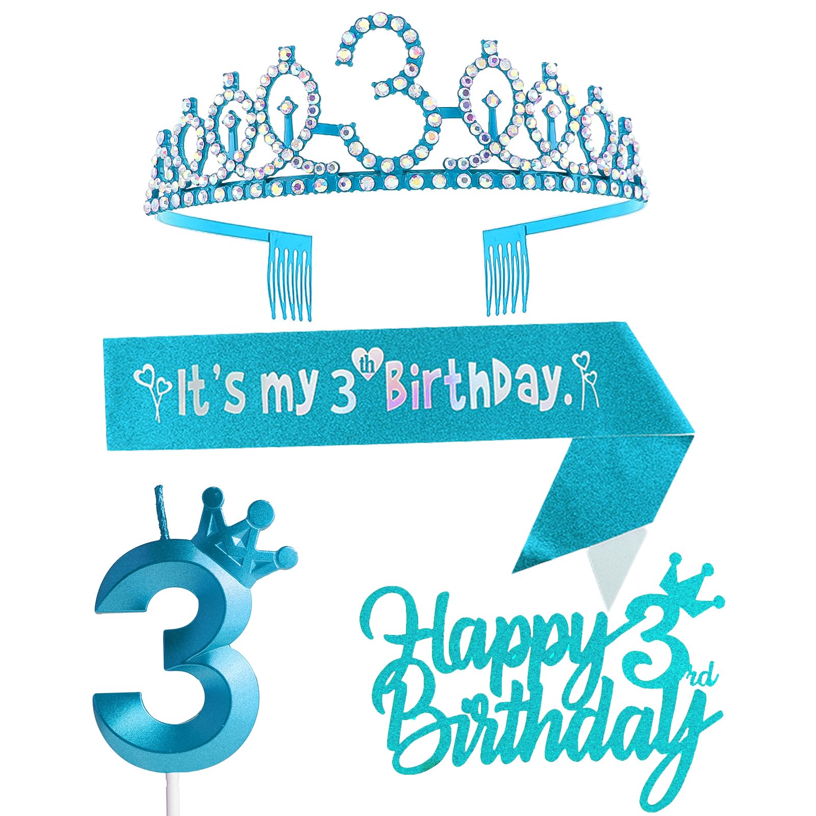 Photo 1 of 3rd Birthday Decorations for Girl - Blue Party Supplies Including Crown, Sash, Cake Toppers, Number 3 Candles