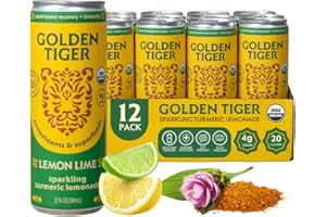 Golden Tiger Turmeric Sparkling Lemonade, Lemon Lime – Curcumin & Ginger for Inflammation – Organic Wellness Drink with Superfoods & Antioxidants for Recovery, Immunity, Gut Health - 4g Sugar, 20 Calories (12-pack)