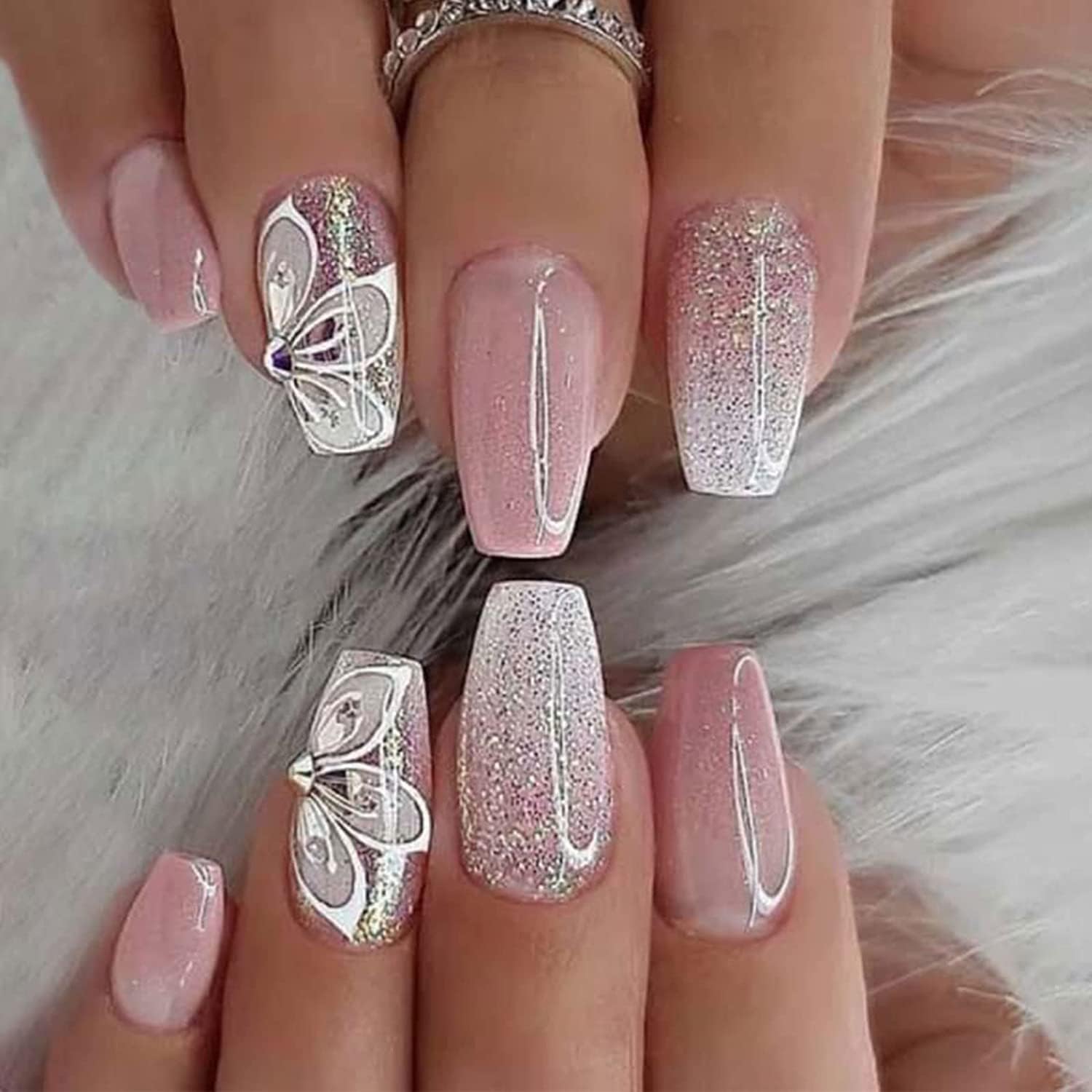 SINLOV 24pcs Butterfly Rhinestone Coffin Full Cover False Nails Pink Gradient Glitter Press on Nails Long Glossy French False Nails for Women and Girls