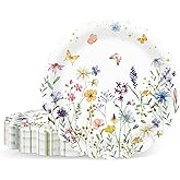 Cangmyxis 50Pcs Wildflower Scalloped Paper Plates 7inch Spring Party Dessert Plates Supplies Colorful Dinnerware Kit for Wedding,Birthday,Baby Shower Office Party Decorations