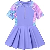 Ghteas Girls One Piece Swimsuit Skirted Kids Bathing Suits Zipper Short Sleeves Swimwear Girls Swim Dress for 3-10Years