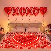 Ganeen Red Valentine's Day Balloons Kit with 6 Pcs 16 Inch XOXO Letters 18 Inch Heart Shaped Balloons 24 LED Flameless Candle 2000 Rose Petals for Romantic Decoration Special Night Galentines