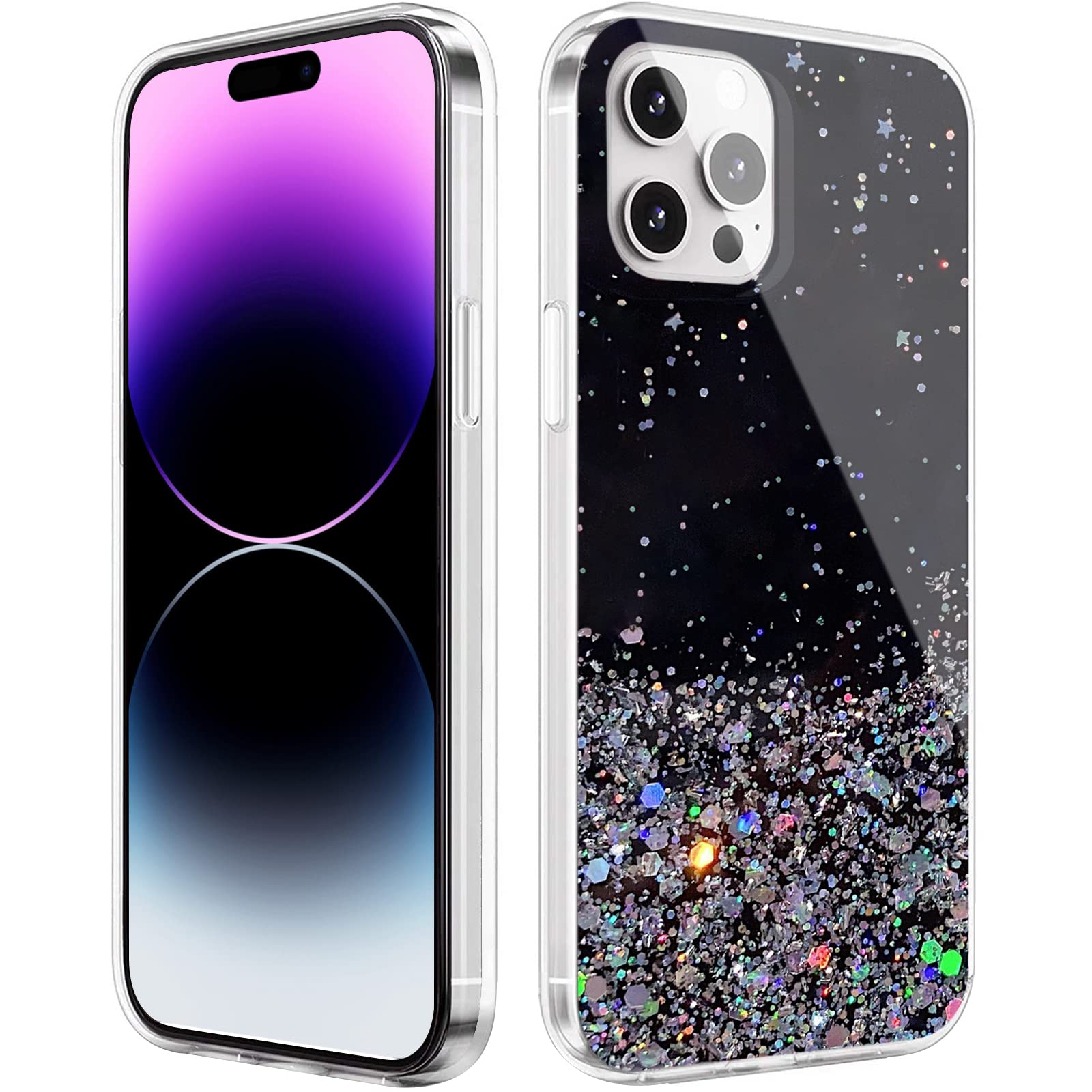 Monsully Glitter iPhone 14 Pro Case Sparkle, Sparkle Bling Bling Protective Case Black TPU Bumper Silicone Case Shockproof Colourful Case Cover for iPhone 14 Pro