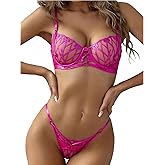 HELLOLAGIRL Women's Hot Pink Lingerie Set, Geometric Floral Embroidery Underwire Bra and Strappy Cage Thong, 2-Piece Vibrant Fuchsia Mesh Intimate Set(Pink, L)