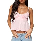 Women Ruffle Babydoll Top Y2k Flowy Lace Trim Cami Top V Neck Spaghetti Strap Babydoll Shirt Streetwear