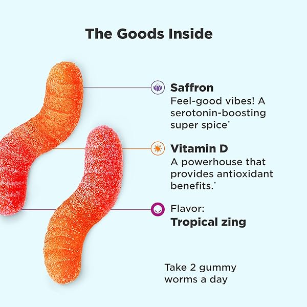 OLLY HELLO HAPPY GUMMY WORMS, MOOD BALANCE SUPPORT, VITAMIN D, SAFFRON, ADULT CHEWABLE SUPPLEMENT, GLUTEN FREE, TROPICAL ZING – 90 COUNT
