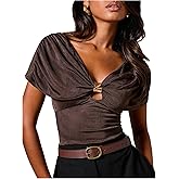 SOLY HUX Women's V Neck Short Sleeve Blouse Cutout Slim Fit Top Going Out Shirts Date Outfit