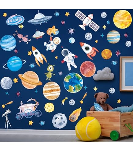 Runtoo Outer Space Wall Decals - Large Rocket, Planets, Astronaut Vinyl Stickers For Kids Bedroom, Nursery, Playroom