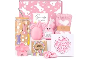 Frerdui Easter Basket Stuffers for Women & Teen Girls, Prefilled Easter Gifts Basket for Women & Teen Girls with Bunny Glass 
