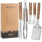onlyfire 5PCS BBQ Tools, Heavy Duty Grill Kit with Wood Handles for Outdoor Camping, Multifunctional Griddle Utensil Set Including BBQ Spatula, Barbecue Tong, Meat Fork and Grate Liftes