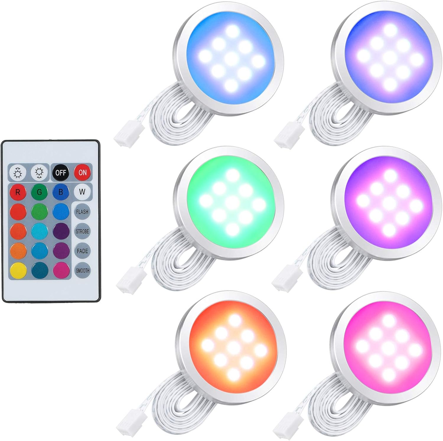 Lixada 6PCS Slim Forma Redonda RGB LED Kit de luz Debajo del gabinete