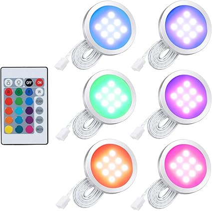 Lixada 6PCS Slim Forma Redonda RGB LED Kit de luz Debajo del gabinete