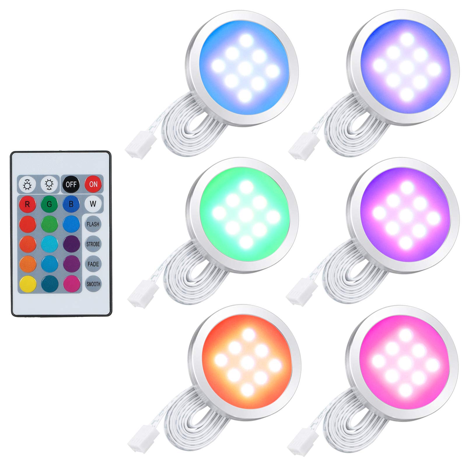 Lixada 6pcs RGB LED Cabinet Light Installation Kit with Remote Control for Bookcase Wall Cabinet, Thin Round Shape Under-Unit Light, Colour Changing Dimmable Brightness Adjustable
