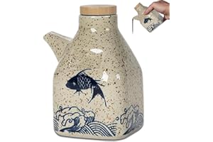 Soy Sauce Bottle, 5x3" Ceramic Oil Dispenser With Wooden Lid Fish Pattern Japanese Style Soy Sauce Dispenser Liquid Container