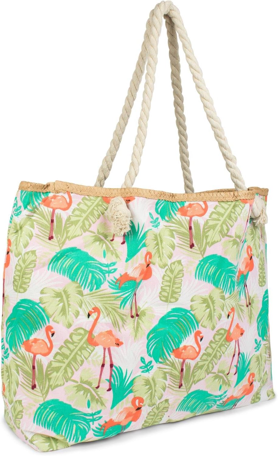 XXL Beach Bag with Flamingo and Palm Print and Zip, Shoulder Bag, Shopping Bag, Women 02012247, Color:Pink-Green-Orange