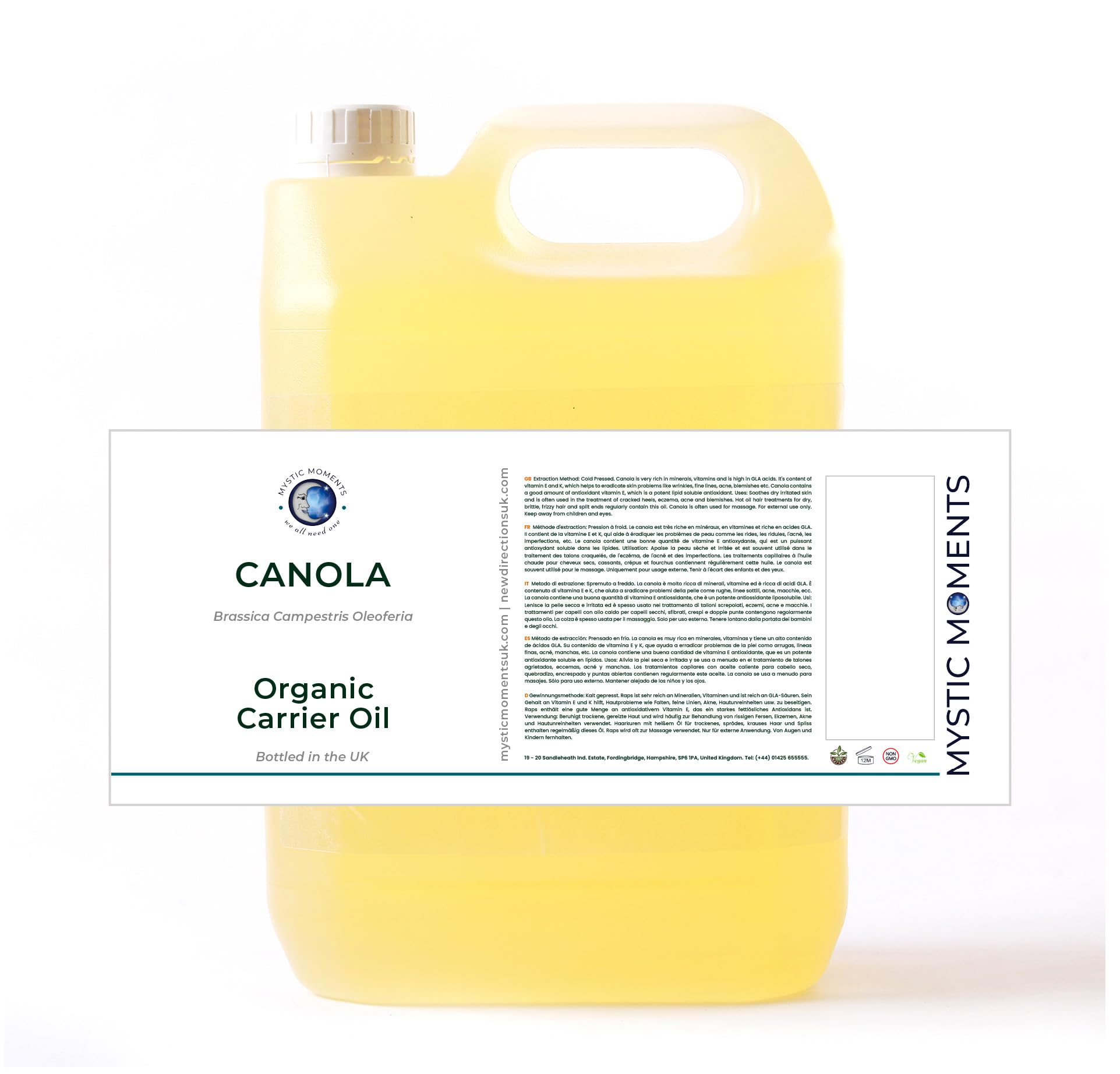 Mystic Moments Organic Canola (Rapeseed) Carrier Oil 5 Litres | Brassica Campestris Oleoferia | Nourishing Moisturising Base for Skin, Hair & Massage | Lightweight Aromatherapy Carrier
