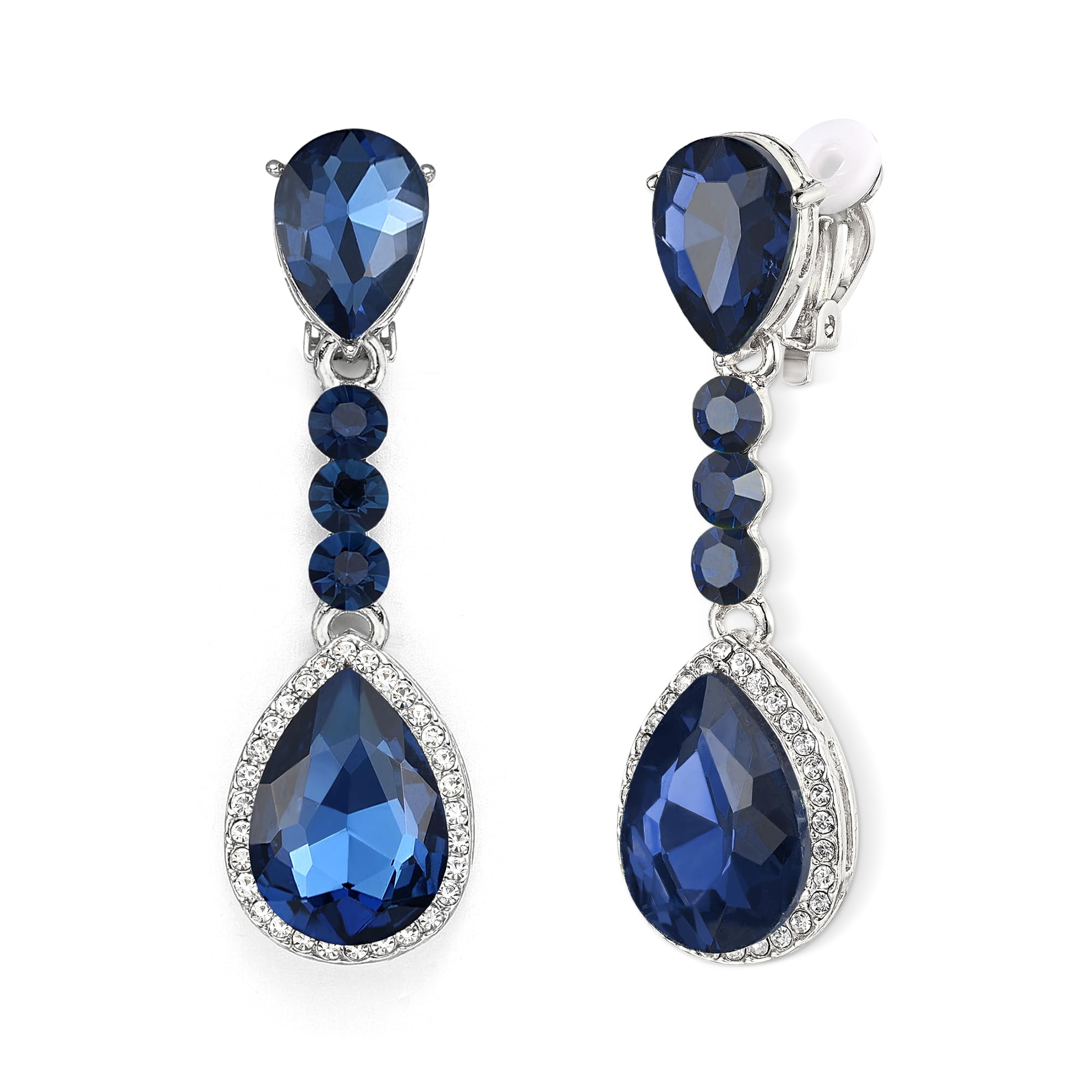 Clearine Crystal Teardrop Dangle Round Gemstone Clip-On Earrings for Women Costume Statement Wedding Bridal Jewellery Navy Blue Silver-Tone — image 1