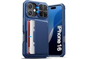 ATATOO for iPhone 16 Case with Card Holder (Store 3-5 Cards) & Slide Camera Cover & RFID Blocking, Military Grade Protection, Rugged Silicone Wallet Case for iPhone 16 6.1", Blue