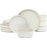 Gibson Elite Echo Bay 12 Piece Porcelain Reactive Glaze (Service for 4) Ceramic Plates and Bowls Modern Stackable Dinnerware Set - White