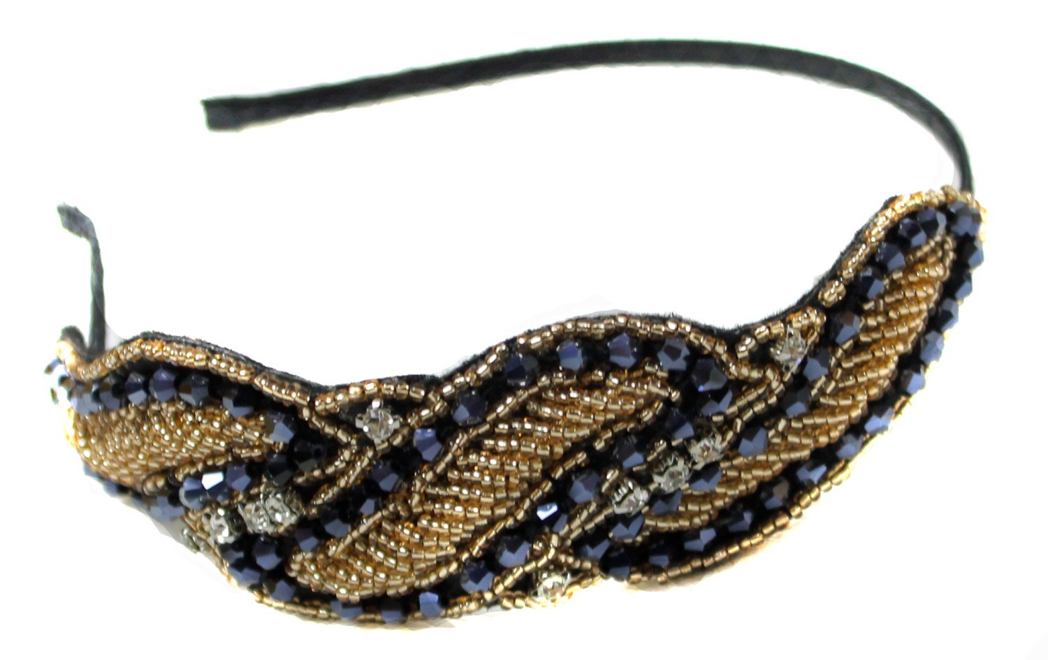 Caprilite 1920s Flapper Black Gold Crystal Bead Headband Hairband Ribbon Dress up Art Deco