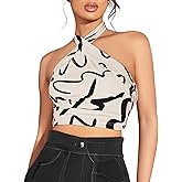 GORGLITTER Women's Brush Print Criss Cross Halter Cropped Top Tie Back Sleeveless Backless Tank Tops