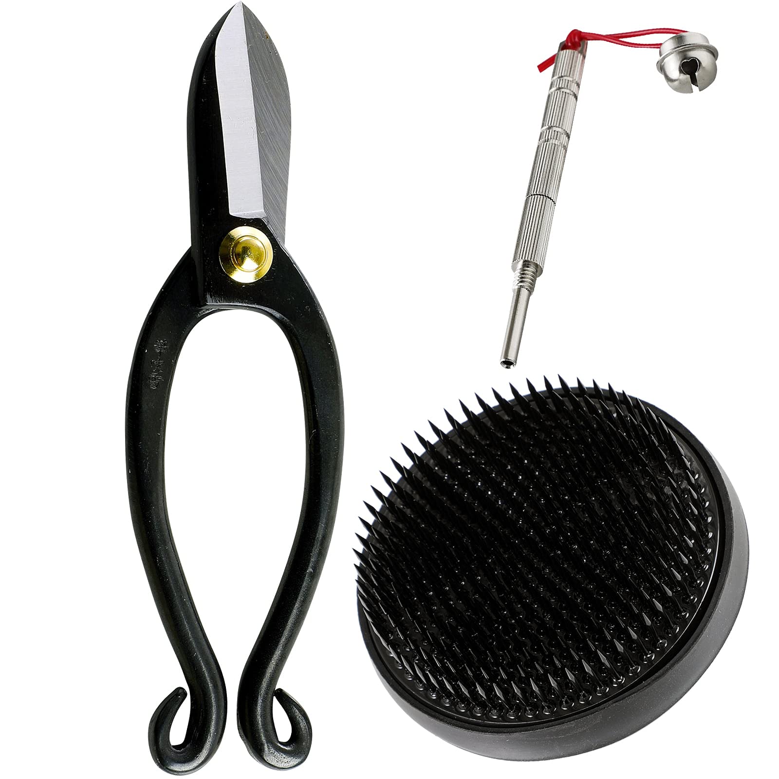 Wazakura 3PCS Japanese Ikebana Essential Tool Set MADE IN JAPAN, Floral Arrangement Kit [ Ikenobo Scissors + 80mm Round Black Kenzan + Flower Pin Holder Care Tool ]