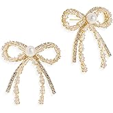 BXDA Dainty Rhinestone Pearl Bow Stud Earrings for Women, Statement Fashion Cubic Zirconia Earing Bridal Wedding Prom Gewelry Gift