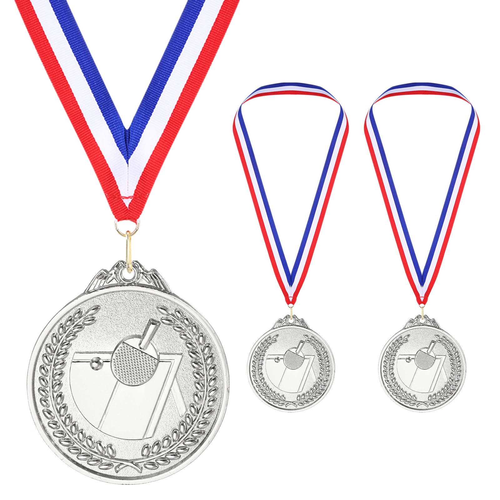 PATIKIL 3" Silver Table Tennis Medals, 3 Pack Table Tennis Award Medals with Ribbon Red White for Games Sports Competitions