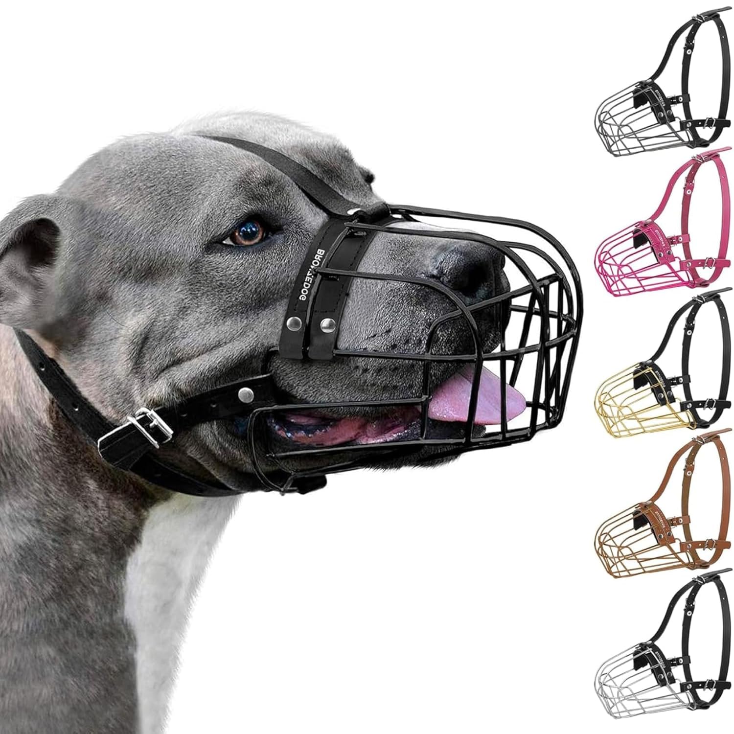 BRONZEDOG Pitbull Dog Muzzle Metal Mask Amstaff Wire Basket Pit Bull Adjustable Leather Straps for Large Dogs