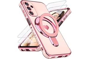 Liufcx for Samsung Galaxy A15 5G Love Heart Kickstand Case with 2X Screen Protector: Luxury Plated Gold Edge Slim Soft TPU Shockproof Protection Case Cover for Galaxy A15 (Pink)