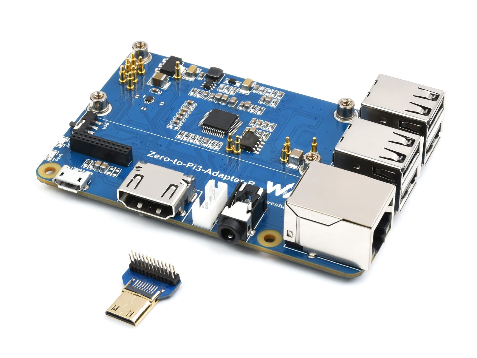 Waveshare Pi Zero 2 W to Raspberry Pi 3 Model B/B+ Adapter - Alternative, Onboard 4-CH USB, 100M Ethernet, HDMI, USB Audio Headphone Ports