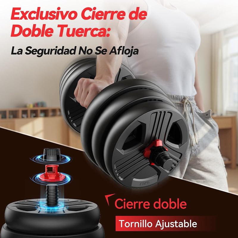 10kg-40kg Juego de Pesas y Mancuernas Ajustables, Kit Pesas 5 en 1 con Barra, Pesas Rusas y Soportes Para Flexiones, Equipo de Entrenamiento Progresivo para Toda la Familia