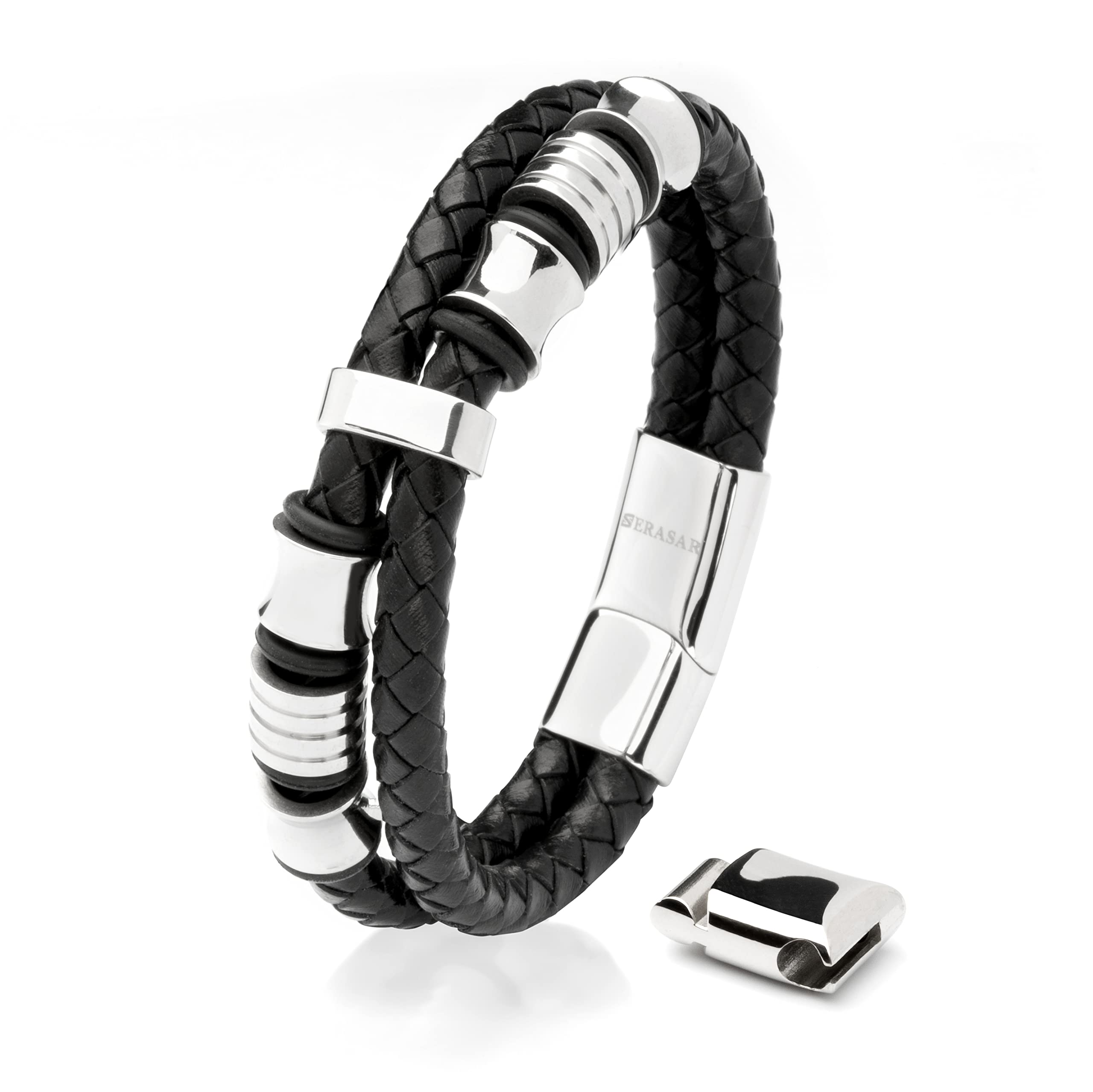 SERASAR 23cm Silver Bracelet Men GiftBox Genuine Leather Cowhide Braided AdjustAble Magnetic Clasp MultiLayer Wrap Jewellery Rope Mans Male Mens Bracelets Band Jewelry Magnet Accessories