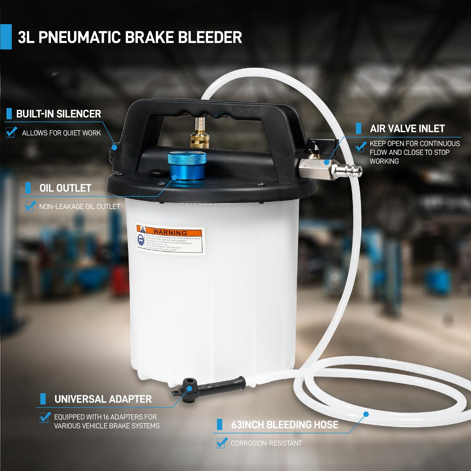 SMOTIVEPRO 3L Bremsenentlüftungsgerät Druckluft, Bremsentlüftungsgerät Auto mit 16 Entlüftungsadaptern und 1L Nachfüllflasche, Pneumatische Vakuumpumpe für Kfz 2