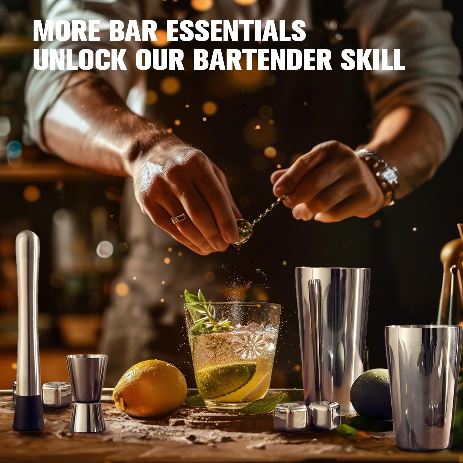 Cocktail Shaker Set, 23-Piece Boston Stainless Steel Bartender Kit with Acrylic Stand & Cocktail Recipes Booklet, Professional Bar Tools for Drink Mixing, Home, Bar, Party (Include 4 Whiskey Stones) - Image 3