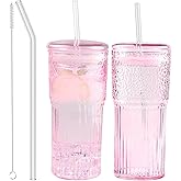 JunVpic Glass Coffee Cups with Lids and Straws, 20 OZ Pink Iced Water Glasses Tumblers for Ice Juice, Tea, Milk, Smoothie and Cold or Hot Drinks, Set of 2