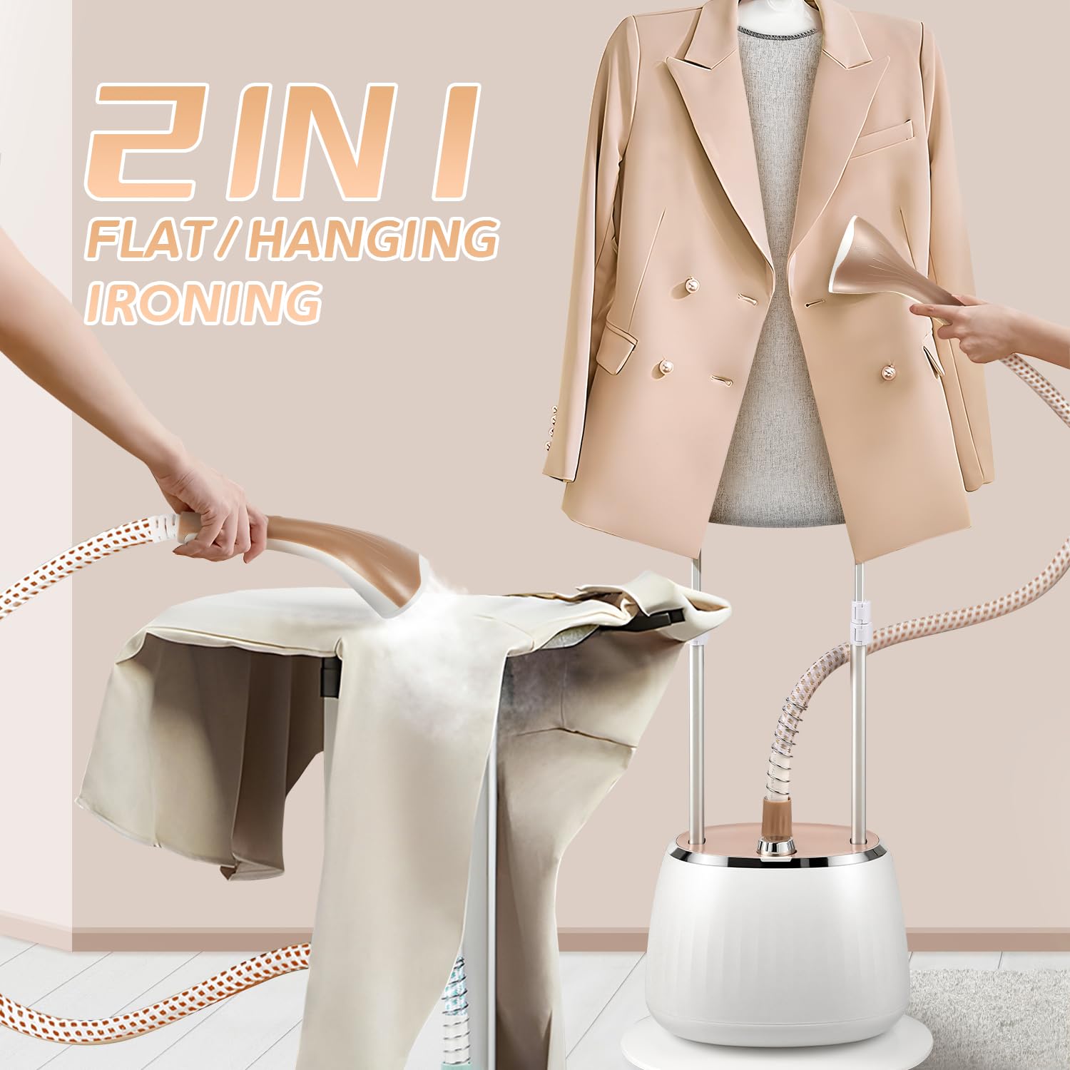 Standing Garment Steamer with 1800w Power, 54 fl.oz Water Tank for 1-Hour Continuous Steaming, 10-Level Steam Adjustment for Flat Hanging & Diagonal Ironing