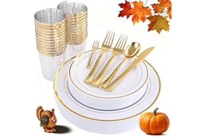 WDF 25Guest Gold Plastic Plates - Heavy Duty Fall Plastic Plates Dinnerware - Include 25 Dinner Plate 25 Salad Plates 50 Forks 25 Knives 25 Spoons 25 Cups 25 Mini Forks for Thanksgiving