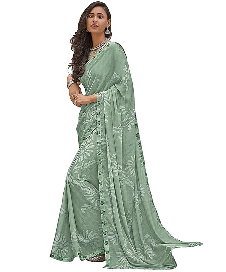 Womens Georgette Silk Saree With Satin Border And Blouse Material