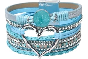 GZJINYUAN Leather Wrap Bracelet for Women, Boho Heart Cuff Bracelet with Strong Clasp, Multi-Layer Crystal Leather Bracelet