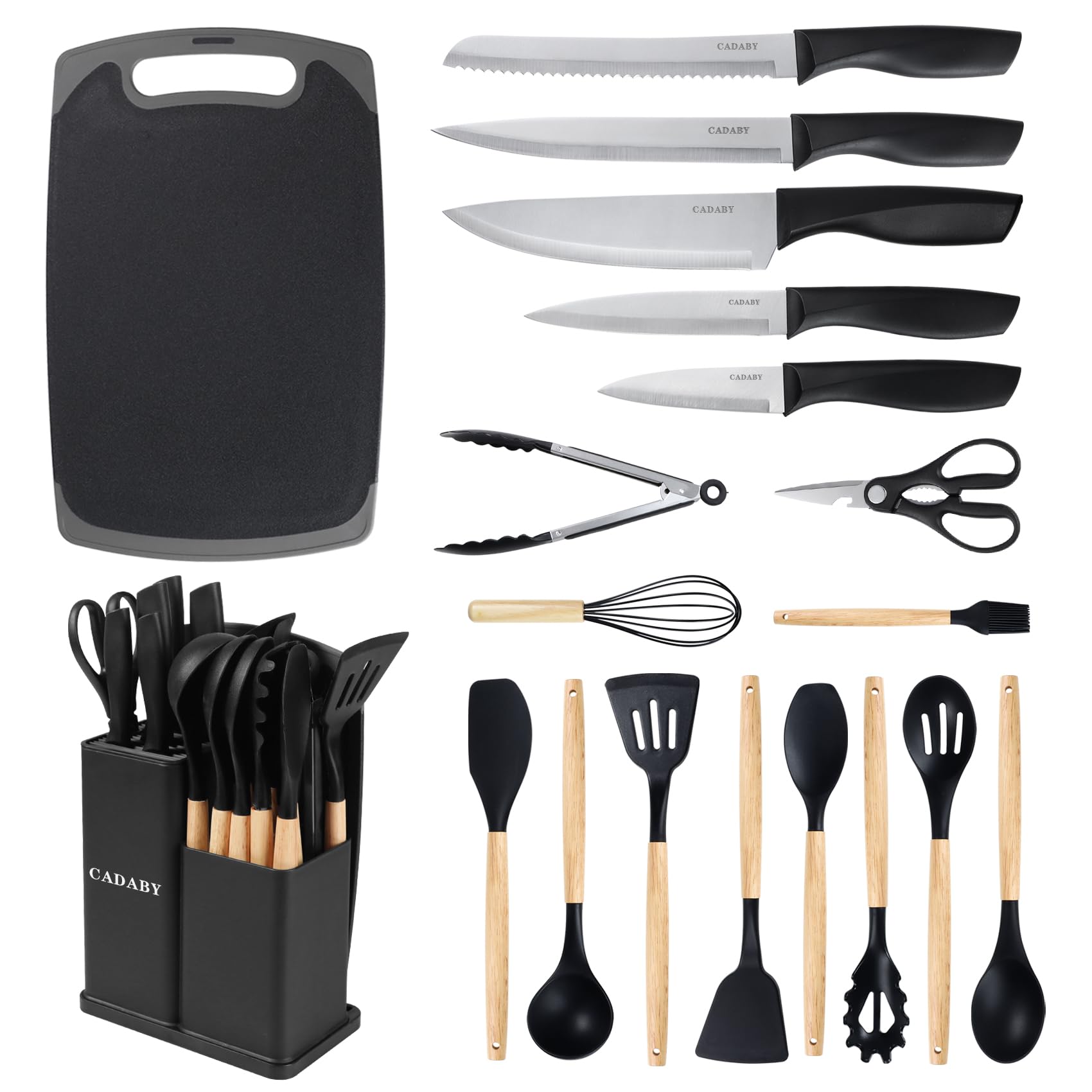 Photo 1 of CADABY 19 PCS Kitchen Cooking Utensils Set, 11 Pieces Silicone Cooking Utensils Set 6 Pieces Sharp Stainless Steel Black Knife Set with 1 Piece Cutting Board, Ideal for Apartment
