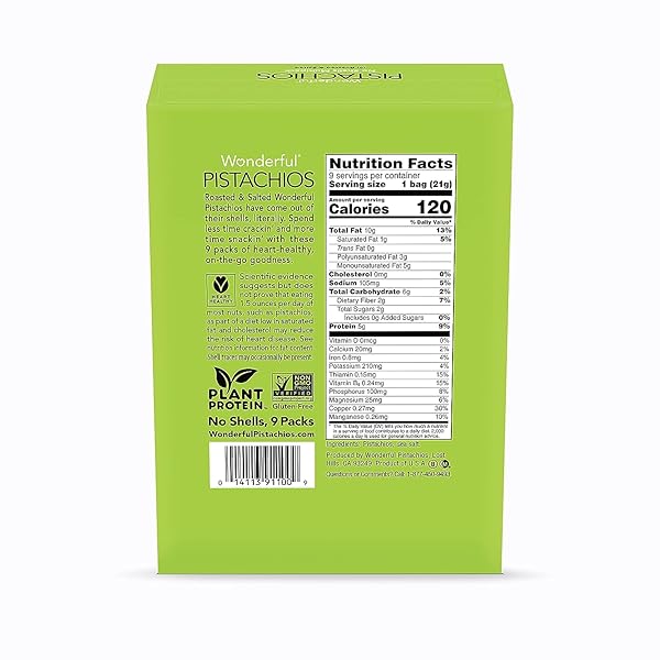 WONDERFUL PISTACHIOS NO SHELLS, ROASTED & SALTED NUTS, 0.75 OUNCE BAG (PACK OF 9), PROTEIN SNACKS, GLUTEN FREE, ON-THE-GO, INDIVIDUALLY WRAPPED SNACKS