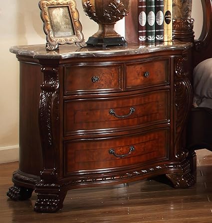 Amazon Com Meridian Furniture Luxor Solid Wood 4 Drawer Nightstand With Traditional Hand Carved Designs And Genuine Marble Top Rich Cherry Finish Furniture Decor